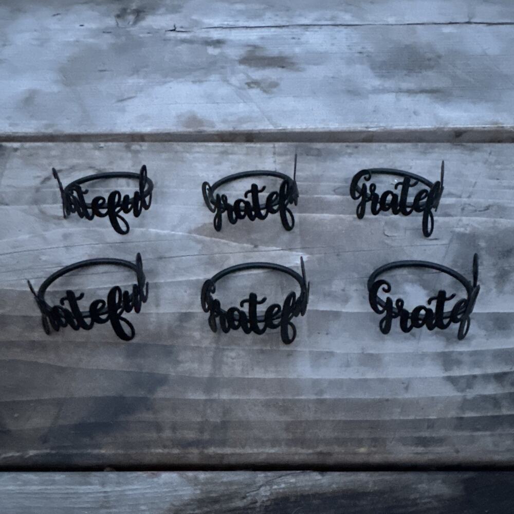 Set Of 6 Black Metal Cursive GRATEFUL Napkin Rings Holders Thanksgiving
